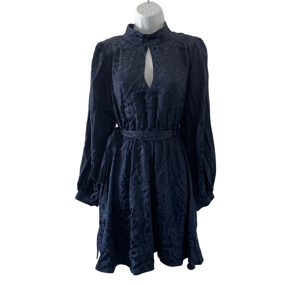 Anthropologie Dress Womens Medium Petite Blue Mini Jacquard High Collar Belted